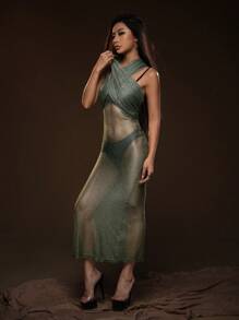 SHEIN ICON Vestido cruzado de malla sin set de lencería - Verde militar - Ver 6