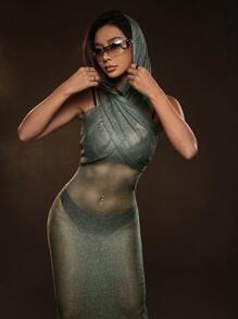 SHEIN ICON Vestido cruzado de malla sin set de lencería - Verde militar - Ver 7