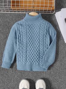 SHEIN Young Boy Loose Fit Casual Cable Knit High Neck Sweater, Warm And Versatile, Autumn, Winter - Baby Blue - View 1