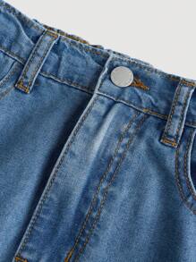 SHEIN 青少年女孩側翻蓋口袋牛仔半身裙 - 中等水洗藍 - 查看 3