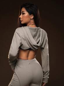 SHEIN ICON 素色超短版連帽衛衣不附胸罩 - 灰色 - 查看 2