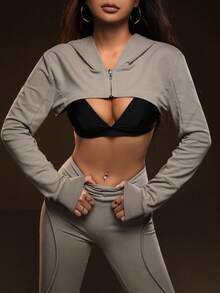 SHEIN ICON 素色超短版連帽衛衣不附胸罩 - 灰色 - 查看 3