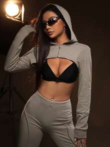 SHEIN ICON 素色超短版連帽衛衣不附胸罩 - 灰色 - 查看 4