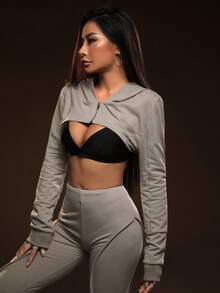SHEIN ICON 素色超短版連帽衛衣不附胸罩 - 灰色 - 查看 5