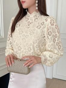 DAZY Mock Neck Lantern Sleeve Lace Blouse Long Sleeve Top - Beige - View 1
