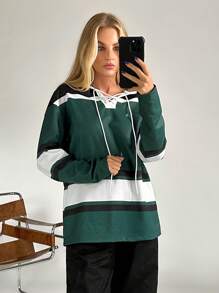 SHEIN X Galloways Colorblock Lace Up Front Drop Shoulder Hoodie