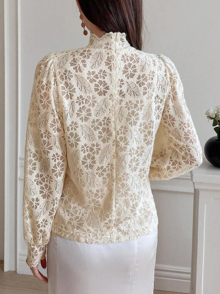 Mock Neck Lantern Sleeve Lace Blouse Long Sleeve Top