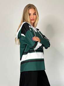 SHEIN X Galloways Colorblock Lace Up Front Drop Shoulder Hoodie