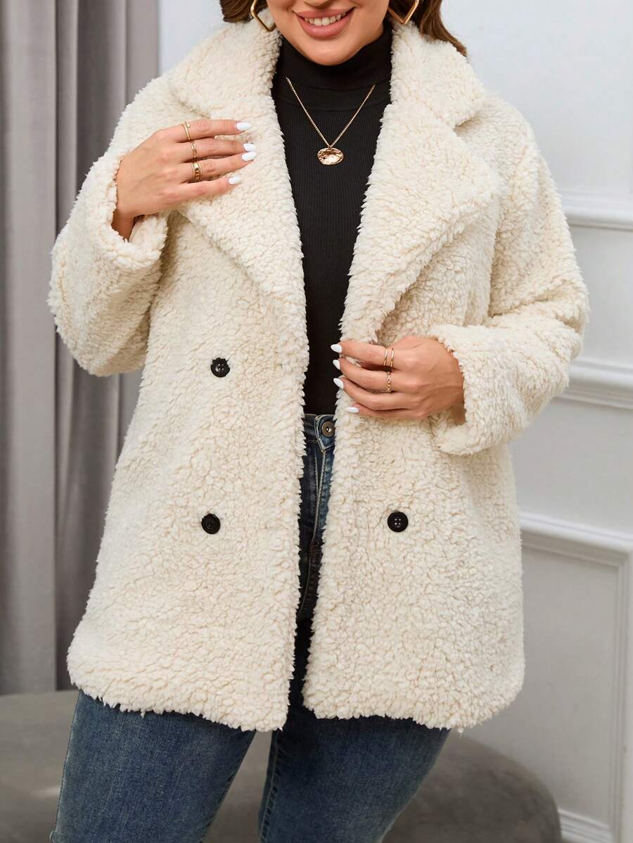 SHEIN Essnce 大碼雙排釦西裝領絨毛外套 - 白色 - 查看 1