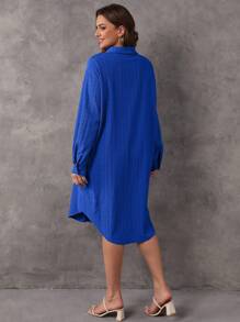 SHEIN LUNE 大碼翻蓋口袋落肩袖襯衫洋裝不附腰帶 - 藍色 - 查看 2