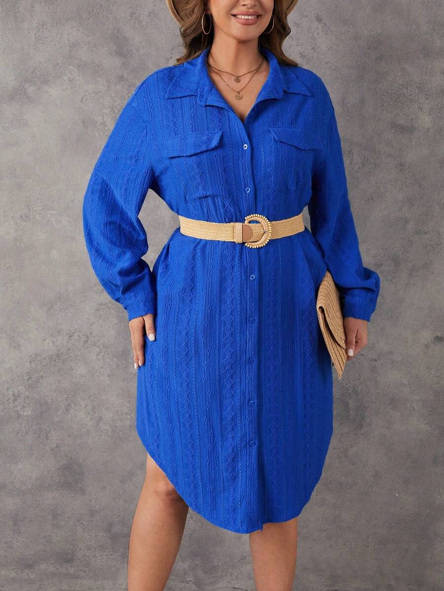 SHEIN LUNE 大碼翻蓋口袋落肩袖襯衫洋裝不附腰帶 - 藍色 - 查看 1