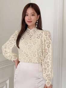 DAZY Mock Neck Lantern Sleeve Lace Blouse Long Sleeve Top - Beige - View 4