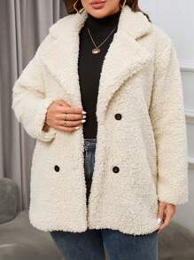 SHEIN Essnce 大碼雙排釦西裝領絨毛外套 - 白色 - 查看 4