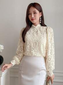 DAZY Mock Neck Lantern Sleeve Lace Blouse Long Sleeve Top - Beige - View 5