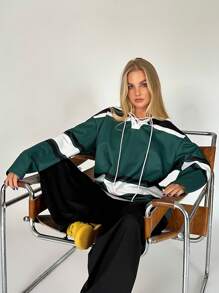 SHEIN X Galloways Colorblock Lace Up Front Drop Shoulder Hoodie