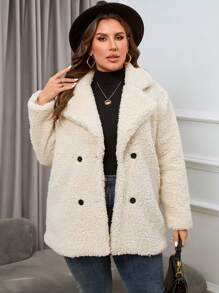 SHEIN Essnce 大碼雙排釦西裝領絨毛外套 - 白色 - 查看 5