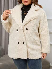 SHEIN Essnce 大碼雙排釦西裝領絨毛外套 - 白色 - 查看 6