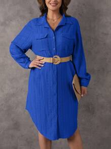 SHEIN LUNE 大碼翻蓋口袋落肩袖襯衫洋裝不附腰帶 - 藍色 - 查看 5