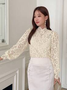 DAZY Mock Neck Lantern Sleeve Lace Blouse Long Sleeve Top - Beige - View 6