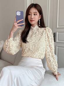 DAZY Mock Neck Lantern Sleeve Lace Blouse Long Sleeve Top - Beige - View 7