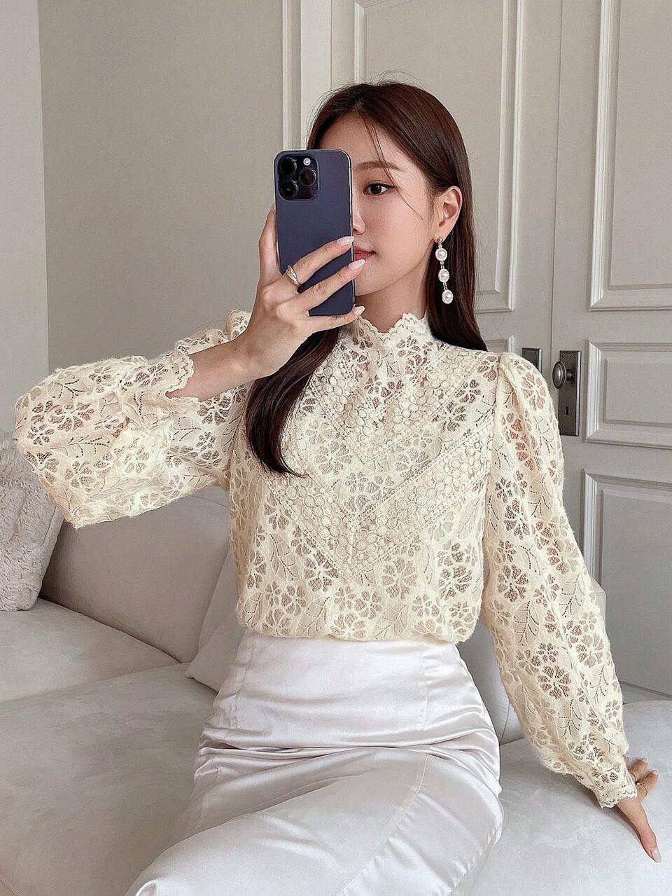 Mock Neck Lantern Sleeve Lace Blouse Long Sleeve Top