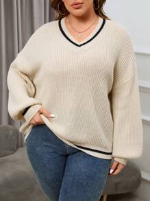 SHEIN Essnce 大碼拼接邊落肩袖板球毛衣 - 卡其色 - 查看 3