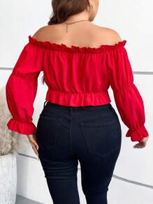 Franclia 大碼一字肩褶邊喇叭袖荷葉邊下擺襯衫 - 紅色 - 查看 3
