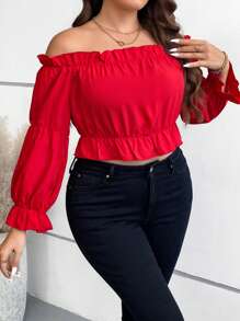 Franclia 大碼一字肩褶邊喇叭袖荷葉邊下擺襯衫 - 紅色 - 查看 4