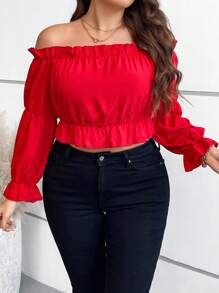 Franclia 大碼一字肩褶邊喇叭袖荷葉邊下擺襯衫 - 紅色 - 查看 1
