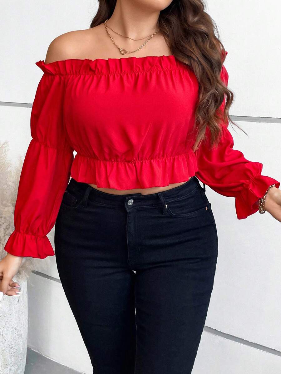 Franclia 大碼一字肩褶邊喇叭袖荷葉邊下擺襯衫 - 紅色 - 查看 1