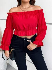 Franclia 大碼一字肩褶邊喇叭袖荷葉邊下擺襯衫 - 紅色 - 查看 5