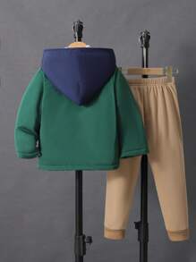 SHEIN Chico joven 1 pieza de color combinado con cremallera con forro térmico con capucha Cazadora & 1 pieza Pantalones deportivos