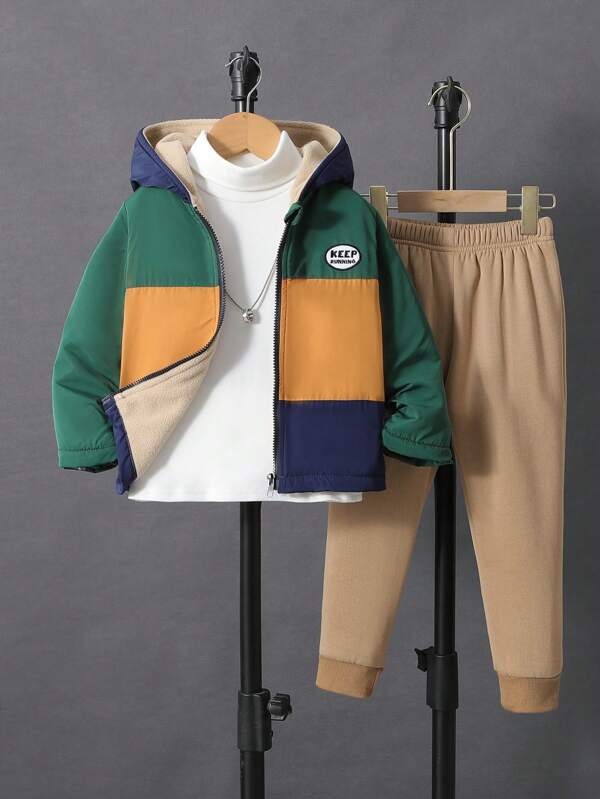 SHEIN 男小童1入組撞色拉鏈開襟加絨內裏連帽夾克&1入組衛褲