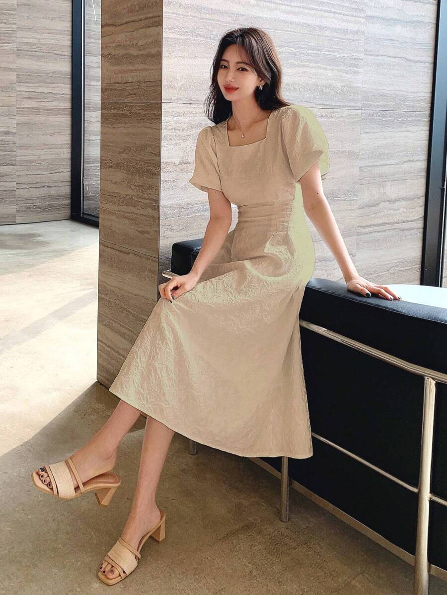 DAZY Square Neck Puff Sleeve Dress - Apricot - View 1