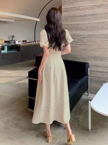 DAZY Square Neck Puff Sleeve Dress - Apricot - View 2