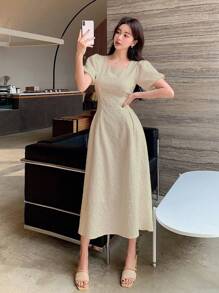 DAZY Square Neck Puff Sleeve Dress - Apricot - View 3