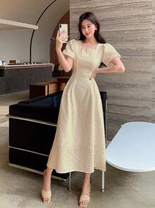 DAZY Square Neck Puff Sleeve Dress - Apricot - View 4