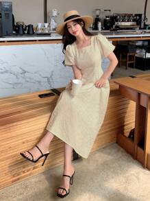 DAZY Square Neck Puff Sleeve Dress - Apricot - View 5