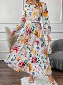 SHEIN Clasi 花卉印花灯笼袖连衣裙（无腰带） - 彩色 - 查看 1