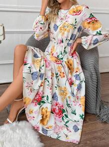 SHEIN Clasi 花卉印花灯笼袖连衣裙（无腰带） - 彩色 - 查看 3