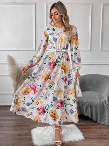 SHEIN Clasi 花卉印花灯笼袖连衣裙（无腰带） - 彩色 - 查看 4