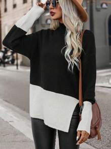 Chiquease Two Tone Drop Shoulder Split Hem Drop Shoulder Knit Pullover Fall Winter Sweater - Black and White - View 1