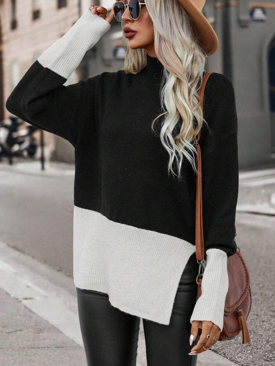Chiquease Two Tone Drop Shoulder Split Hem Drop Shoulder Knit Pullover Fall Winter Sweater - Black and White - View 1