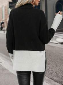 Chiquease Two Tone Drop Shoulder Split Hem Drop Shoulder Knit Pullover Fall Winter Sweater - Black and White - View 2