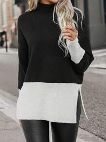 Chiquease Two Tone Drop Shoulder Split Hem Drop Shoulder Knit Pullover Fall Winter Sweater - Black and White - View 3