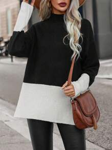 Chiquease Two Tone Drop Shoulder Split Hem Drop Shoulder Knit Pullover Fall Winter Sweater - Black and White - View 4