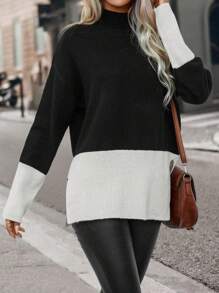 Chiquease Two Tone Drop Shoulder Split Hem Drop Shoulder Knit Pullover Fall Winter Sweater - Black and White - View 5