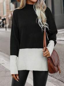 Chiquease Two Tone Drop Shoulder Split Hem Drop Shoulder Knit Pullover Fall Winter Sweater - Black and White - View 6