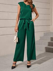 SHEIN Clasi unicolor Blusa & con cinturón Pantalones de pierna ancha - Verde Oscuro - Ver 1