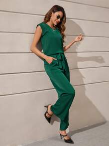 SHEIN Clasi unicolor Blusa & con cinturón Pantalones de pierna ancha - Verde Oscuro - Ver 3